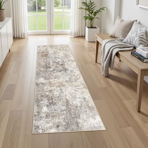 2X6 Washable Runner Rug for Hallway: Soft Neutral Modern Abstract Area Rug - Non-Slip Low Pile Long Throw Indoor Carpet for Kitchen Entryway Kitchen Bedroom Laundry Bathroom - Brown Grey