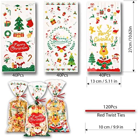 CASPLUS 120 Pieces Christmas Cellophane Bags,Candy Bags with 120Pcs Red Twist Ties for Christmas party supplies