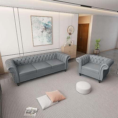 Image of QHITTY 2 Piece Living Room Set, Sectional Chesterfield Sofa Chair Contemporary Upholstered Leather Loveseat Couch Sets for Living Room, Bedroom, Office (Grey)