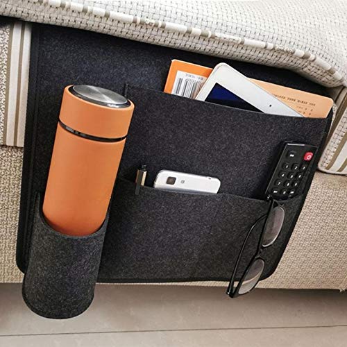 Filcowa torba do przechowywania przy łóżku z kiesz Filcowy organizer do przechowywania na sofę, kieszeń przy łóżku, organizer do przechowywania telefonu, uchwyt na butelkę z wodą(Black)