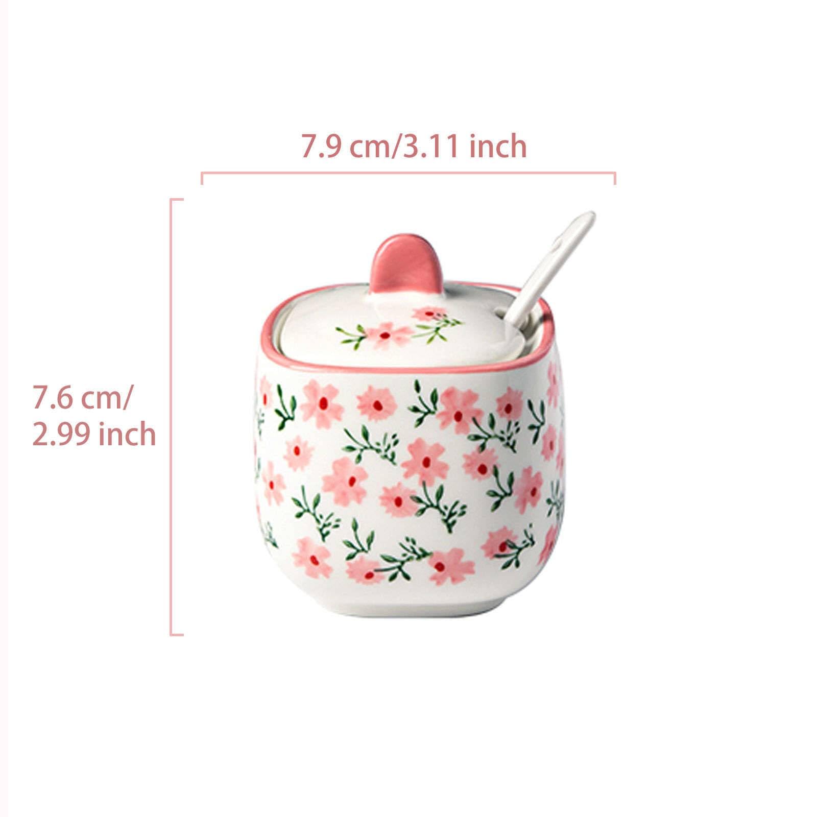 latas de azúcar de cerámica, Azucarero de cerámica con tapa y cuchara, salero y caja de condimentos de estilo rústico, caja de especias de cerámica con cuchara y base, juego de 3(Pink 1)