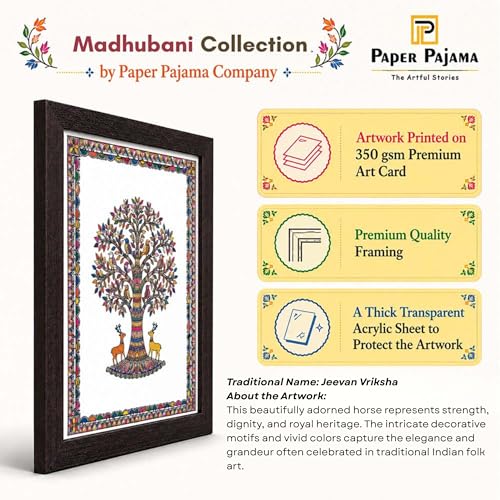 Image of PAPER PAJAMA Tree of Life Wall Art for Living Room | Madhubani Bird & Deer Painting | Traditional Mithila Folk Artwork Framed Home Decor for Bedroom, Office & Hall (10x13 Inches)