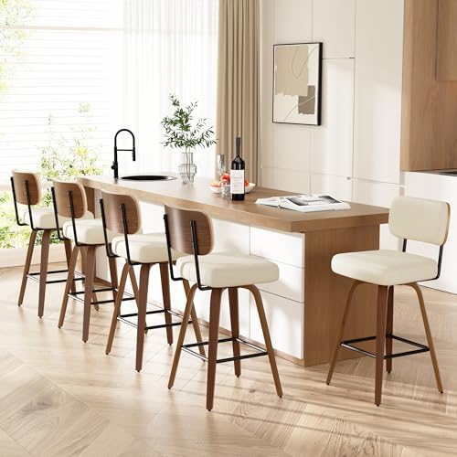 Image of Swivel Bar Stools Set of 5, 26 inch Upholstered Faux Leather Counter Height Barstools with Walnut Back & Bentwood Legs, Mid Century Modern Bar Chairs Island Stools for Kitchen Counter, Cream White