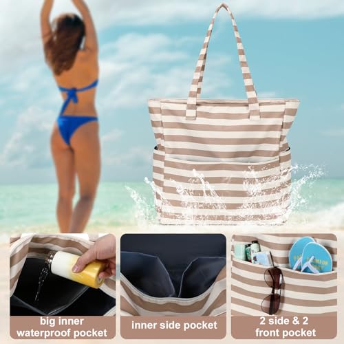 Image of LEDAOU Large Beach Bag Women Waterproof Sandproof Zipper Beach Tote Pool Bag for Swim Gym Grocery Travel with Wet Pocket