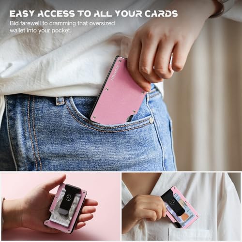 Minimalist for Women, Slim Card Holder with Removable Clip, RFID Blocking Aluminum Wallet, Compact Front Pocket Metal Wallet – Pink4