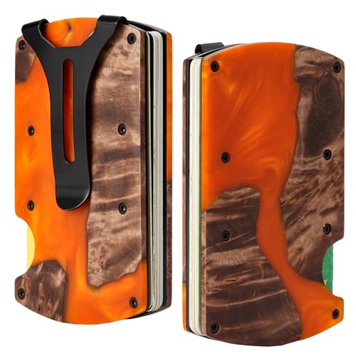 Image of Minimalist Wallet for Men, Slim Metal RFID Blocking Wallet Credit Card Holder Money Clip & Cash Strap, Scratch-Resistant Holds 15 Cards,Ideal Gift for Men | Resin Wood, Unique Pattern,Orange
