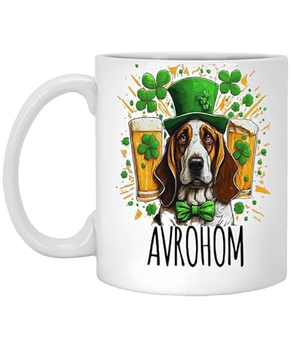 St. Patrick's Day Dog Name Mug, Funny Irish Day for Basset Hound Dog Personalized Name Avrohom 11oz White Mug Dog Lover Men, Shamrock Pet Dog Gift for Dog Owner 11 Oz White Mug 236786