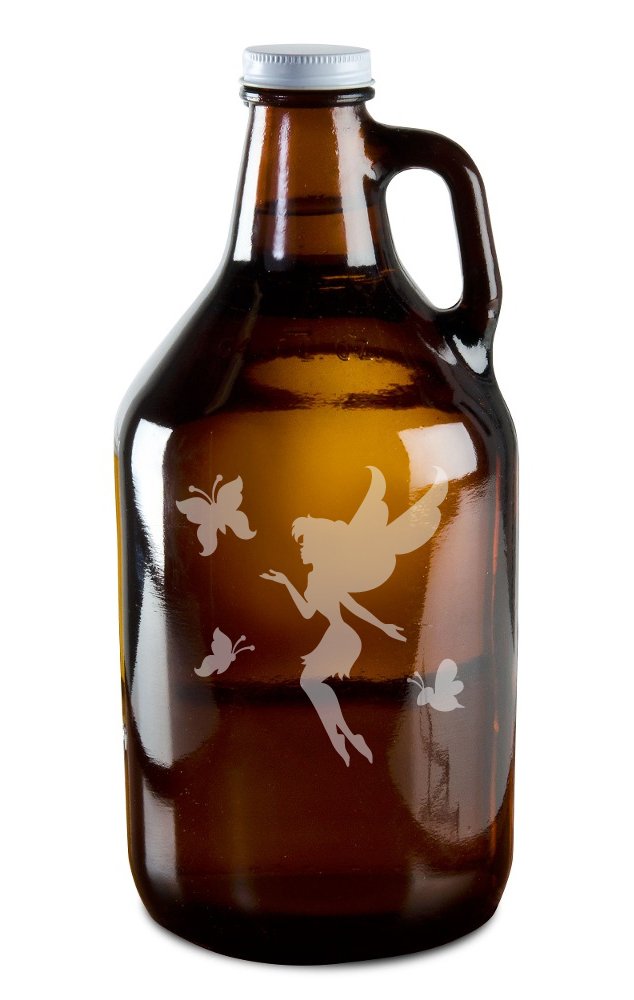 Mystical Fairy And Magical Butterflies Hand-Made Etched Glass Beer Growler 64 oz