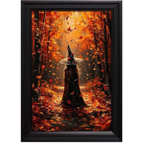 Black Vintage Framed Back View Witch In Pointed Hat Autumn Maple Forest Canvas Wall Art Dark Vintage Goth Halloween Victorian Gothic Bedroom Living Room Apartment Decor 8X10 in