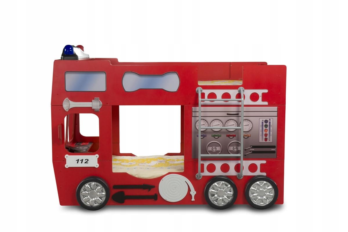 PLASTIKO | Letti a castello | Camion dei vigili del fuoco 116 x 150 x 207 cm | Confortevole | Funzionale | per Dormire | per due | Materasso e telaio Incluso | Perfetto per una piccola stanza