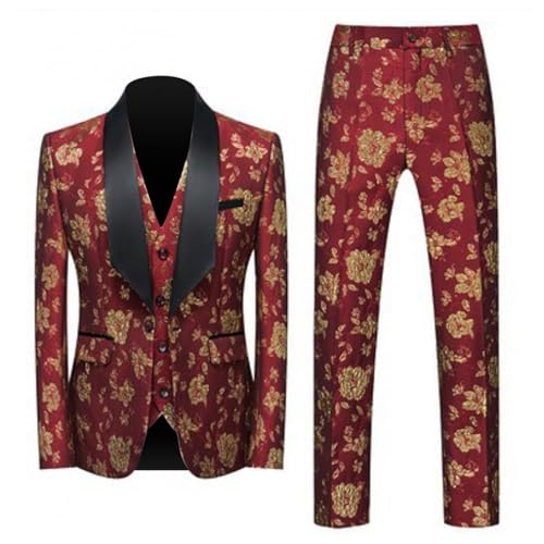 Elegante disfraz de hombre de tres piezas, chaleco y pantalón para ceremonia, noche de máscaras y eventos festivos, rojo, XL