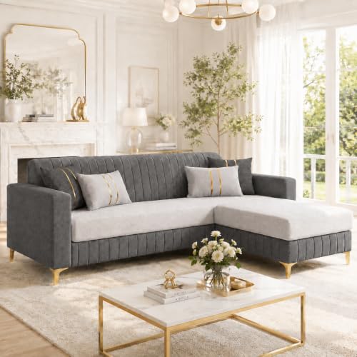Image of CASASTYLE Signature Noviq 4-Seater L-Shape Sofa Set with Movable Ottoman | Flexible LHS /RHS Layout | Boston Fabric & Plush Cushions | 40D Foam + Zigzag Spring | 3-Yr Warranty (Dark Grey - Light Grey)