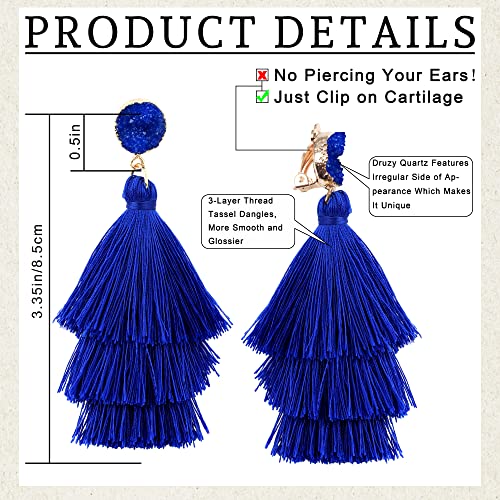 Cassieca Tassel Statement Earrings For Women Clip On Drop Earrings Colorful Bohemian Tiered Tassel Druzy Dangle Drop Earrings Non Piercing Jewelry Birthday Christmas Valentines Day Gift #TOP1