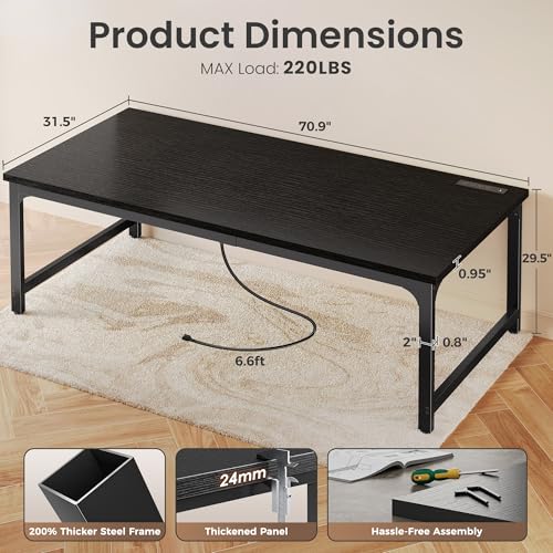 Image of Huuger 71 x 31.5 Inch Desk with Power Outlets & USB-C, 0.95 Inch Thicker Desktop, Robust Metal Tubes, Deep Computer Desk, Heavy Duty Office Desk, Work Desk for Home Office, Black