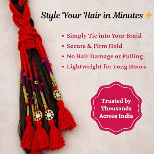 Image of Zippy Flora Neelima Parandi (Red) | Traditional Boho Handmade Paranda Hair Accessory with Braid Tassels | Women's Ethnic Hair Extension for Choti, Braids & Patiala Shahi Hairstyles