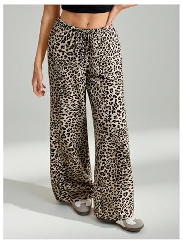 Women's Y2K Leopard Baggy Pants Cheetah Wide Leg Track Pants Drawstring Waist Long Trousers with Pocket Streetwear4