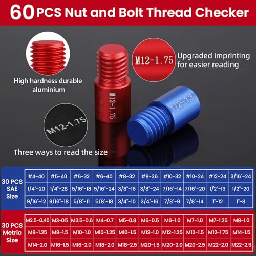 Image of Thread Checker, 60pcs Nut and Bolt Thread Checker, 30 Inch & 30 Metric Box Set Thread Gauge, Thread Checker Standard and Metric Suitable for Size Checker of Bolts or Nuts in Narrow Areas