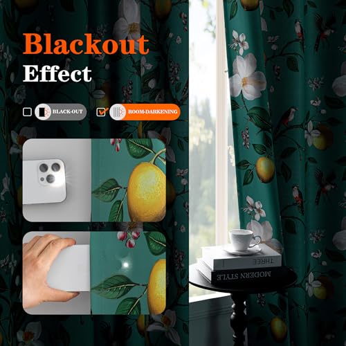 Image of MYSKY HOME Floral Blackout Curtains 84 inch Long for Living Room Vintage Mid Century Style Lemon Hummingbird Patterned Room Darkening Privacy Drapes Grommet Living Dining Room, 2 Pcs, 52 inchW, Deep Green