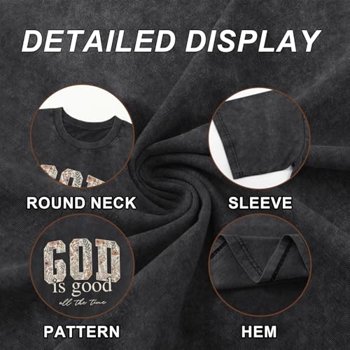 Image of Christian God is Good Shirts for Women Jesus Faith Religious T Shirts Floral Graphic Oversized Acid Washed Tee Tops
