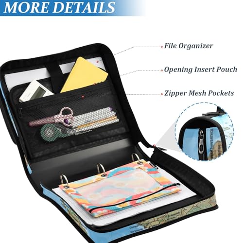 Image of 3 Ring Zipper Binder with Shoulder Strap World Map Blaue 1.5 inch Binders Keeper Large Capacity Multi Pockets for School Office Supplies