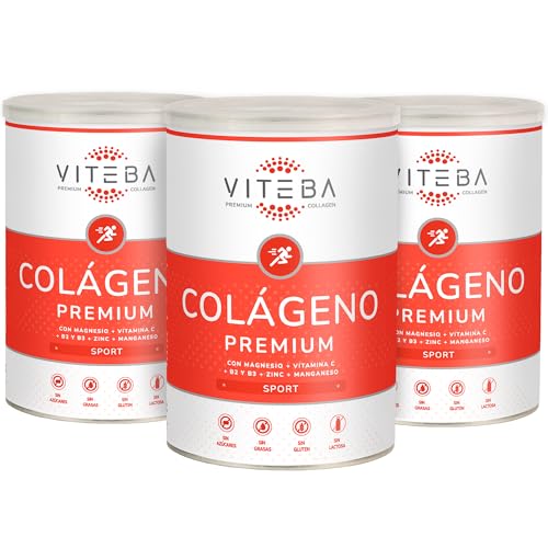 Viteba Pack 3 Colágeno Hidrolizado Puro en Polvo Sabor Neutro 3x330 g para Deportistas, Fortalece Articulaciones y Músculos - Péptidos de Colageno Tipo 1 y 3 con Vitamina C Magnesio y Zinc - Sport