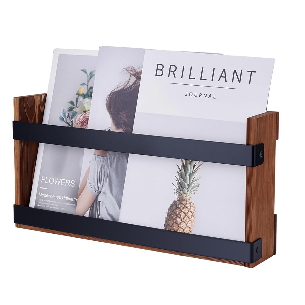 PH PandaHall Magazine Holder Rack Wood Book Organizer Wall File Organizer Mail Organizer Wall Mounted for Living Room Library Office Magazine Storage Home Decor, 16.5x3.2x8.3 inch