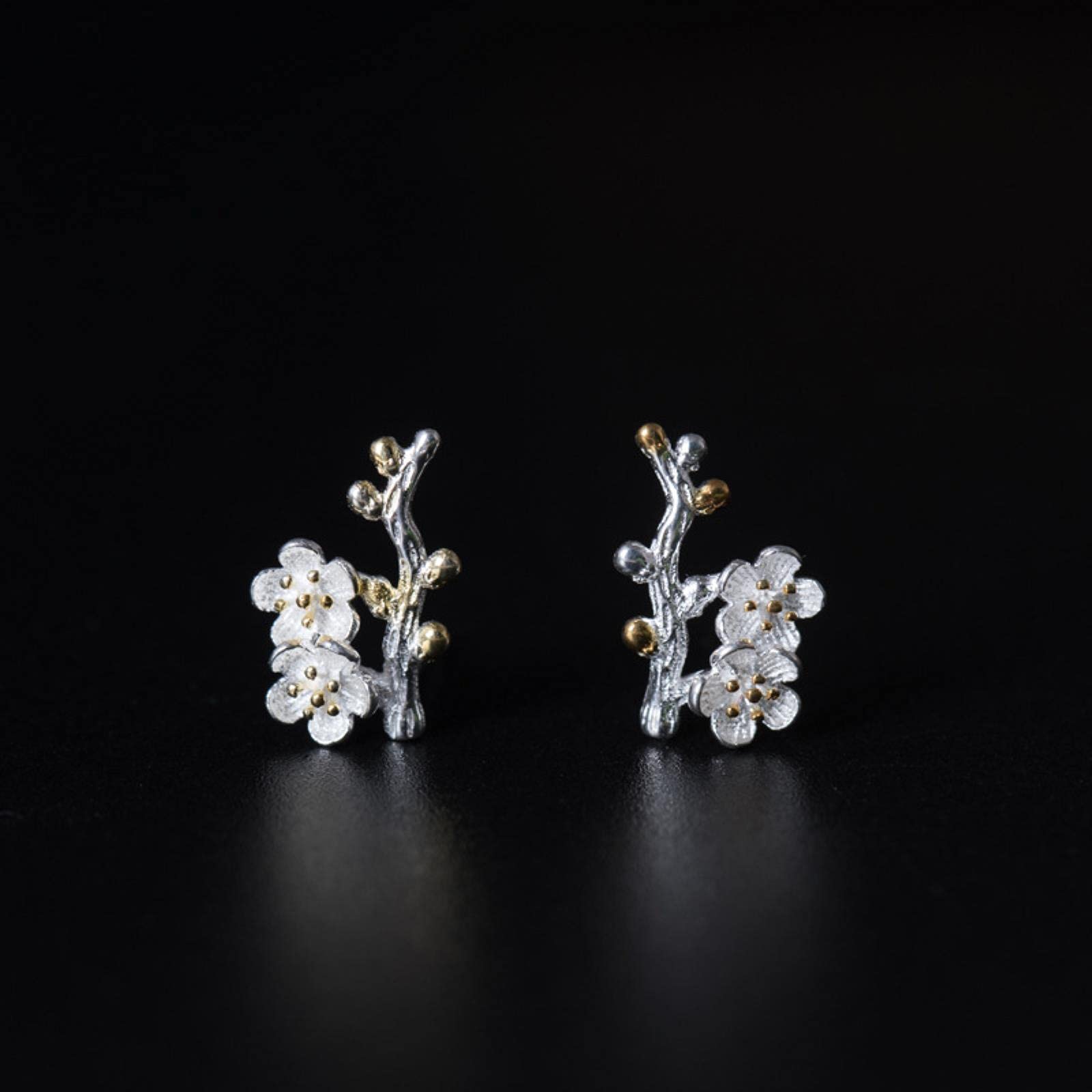 LOKILOKI 925 Sterling Silver Gold Color Branch Plum Flower Stud Earrings For Women Chinese Style Lady Vintage Jewelry
