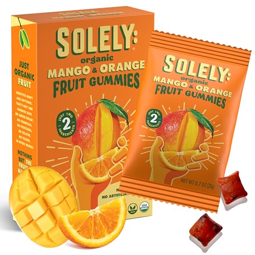Image of SOLELY - Organic Mango & Orange Whole Fruit Gummies (Pack of 1 Box, 5 Bags per Box) - Real Fresh Fruit - Healthy Snacks for Adults & Kids - Non GMO, Vegan Snacks, Shelf Stable - 5 Bags (3.5 oz)