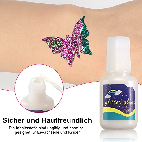 Hautkleber für Glitzertattoos, 3 Stück 8ml Glittertattoo Kleber Hautkleber Glitter Glue Pinselflasche, Wasserlöslich Glittertattoo Kleber für Halloween Karneval Motto Party Kostüm Events