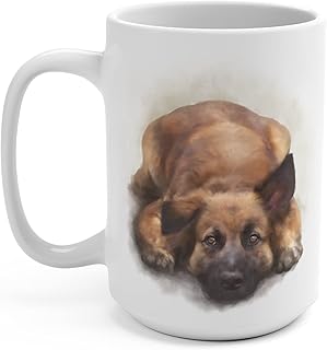 Shepherd Art Gifts For Shepherd Owner, German Shepherd Mug, Personalized Dog Mug, Cute Dog Coffee Mug Gift For Dog Mom, Large Coffee Mug Dog Lovers, White Ceramic 15 Oz (Dog On Right Side Of Handle)