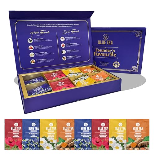 BLUE TEA - Founder’s Favourite Assorted Gift Set | 8 Varieties, 40 Count - Pyramid Plant Based Tea Bag | Caffeine Free - Herbal Tea Sampler | Tea Variety Pack | Gifts for Him and Her