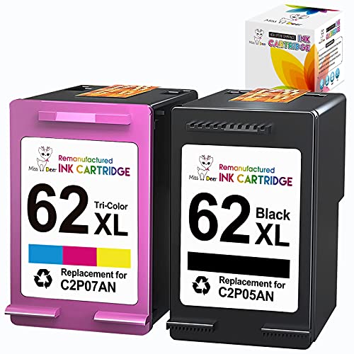 Miss Deer Remanufactured 62XL Ink Cartridge Combo Pack Replacement for HP 62 XL Work with Envy 5540 5640 5660 7640 7645 OfficeJet 5740 5741 8040 Mobile 200 250 Printer (1 Black, 1 Tri-Color) 2-Pack