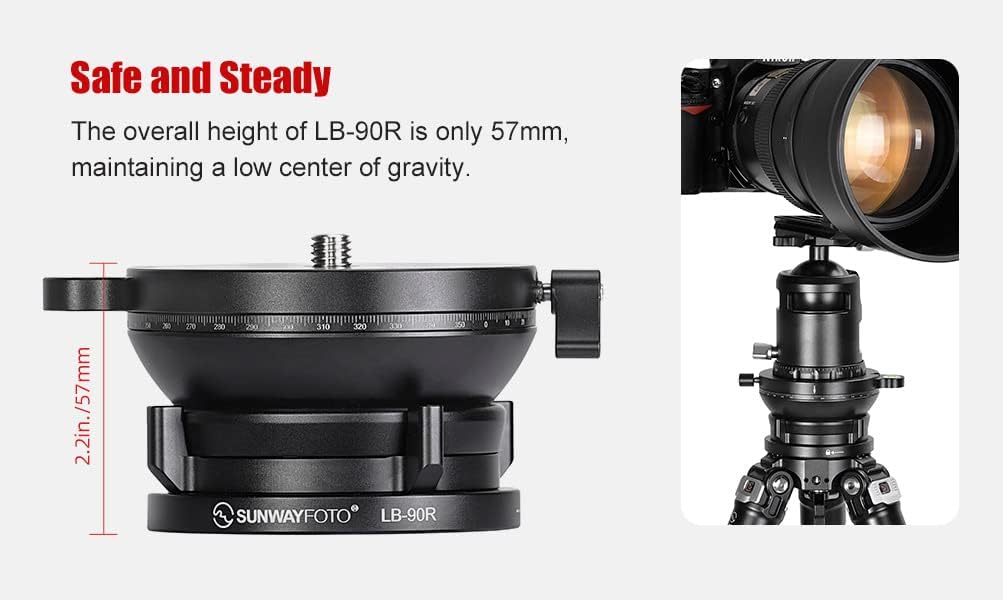 Sunwayfoto LB-90R 90mm Low Profile Leveling Base for Tripod w Butterfly Lock Collar & Panning Top Plate +/-15° Tilt