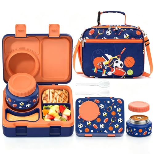 Image of Bento Box for Kids, Leakproof Kids Lunch Box with 8.5OZ Thermo Food Jar & Lunch Bag, 3-4 Compartments Toddler Insulated Lunch Box for Boys, BPA Free Lunch Containers for School Daycare