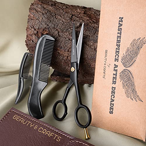 Beauty & Crafts- 5'' German Beard Mustache Scissor- 2 Mustache Combs For Facial Hair With Beautiful Pouch - Beard Trimming Scissors Use For Grooming, Cutting, And Styling Of Mustache (Black) #TOP6