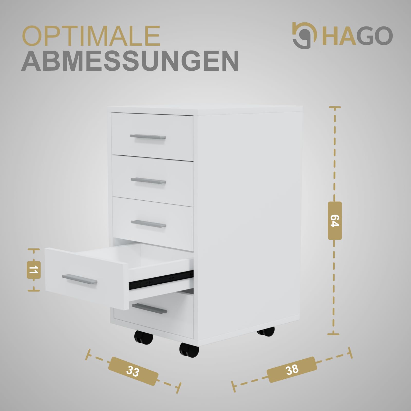 HAGO24 | Rollcontainer | Bürocontainer | Büroschrank | Aktenschrank | Rollschrank | 5 Schubladen | Aluminium-Griffe | Möbelrollen | 360° schwenkbar | Weiß |