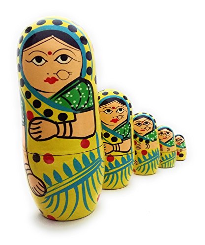 Image of CRAFT HAND Traditional Indian Nesting Wooden Doll /Hand Painted Matryoshka Stacking Dolls- Set of 5 Piece (Lady in Yellow Saree)