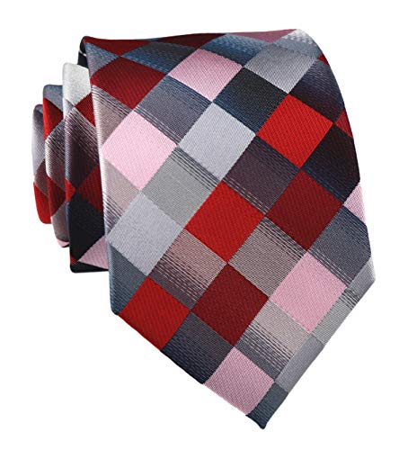 Elfeves Men's Designer Plaid Checks Ties Patchwork Diamond Patterned Neckties, Red Grey, One size