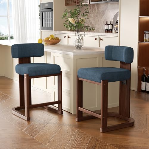 Image of Bar Stools Set of 2, Upholstered Counter Height Bar Stools, Mid Century Modern Counter Stools with Curved Backrest, Solid Wood Legs, 26 inch Bar Chairs for Kitchen Island Bar, Blue