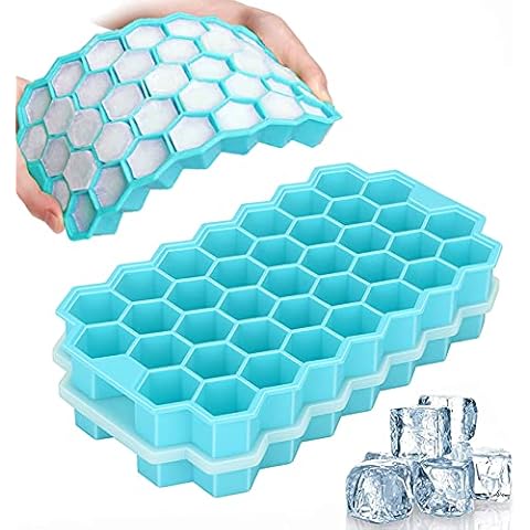 Ice Cube Trays, 2 Pack Silicone Flexible Ice Cube Trays with Lid, 74 Cubes Ice Trays for Chilled Drinks, Whiskey & Cocktails , Stackable Flexible Safe Ice Cube Trays Cover