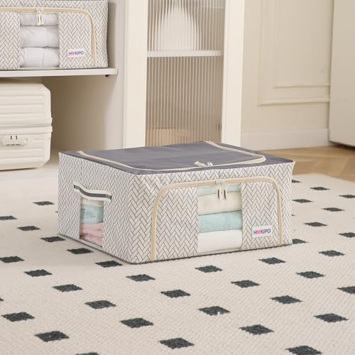 Image of HOKIPO Almirah Organizer Living Boxes | Cloth Storage Box with Top & Front Zipper | Moisture & Moth Resistant | Strong Metal Frame (Oxford Fabric) |44L, Pack of 1 Cream Mist (AR-5928-OWHT)