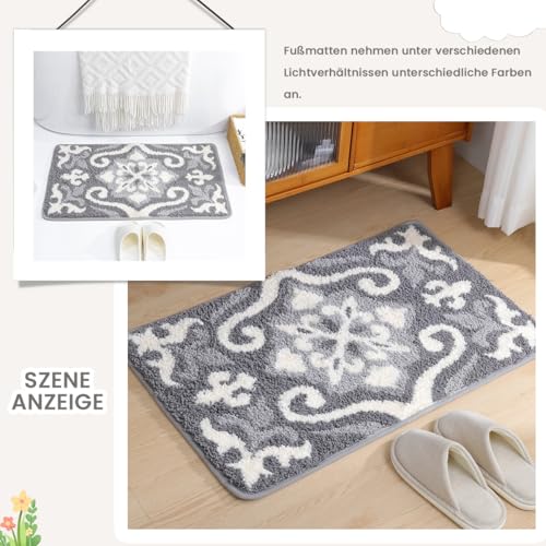 Tapis de bain floral microfibre gris antidérapant lavable en machine - 8