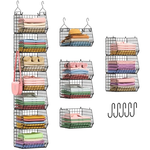 Image of X-cosrack 7 Tier Foldable Hanging Closet Organizer and Storage,Wire Closet Shelving with 4 Large Hooks+ 5 S Hooks,Hanging Basket for Clothes Sweaters Shoes Handbags,Small Closet Organizers