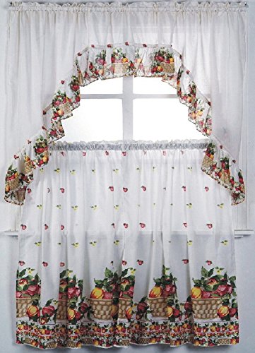WPM 3 Piece Kitchen Curtain Set: 2 Tiers and 1 Valance (Fruit Basket)