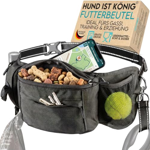 HUND IST KÖNIG Leckerlitasche für Hunde Leckerlis & Hundezubehör - Robuste Bauchtasche Hund - Futterbeutel Hunde mit Kotbeutelspender, Handyfach & Gurt für Flexileine