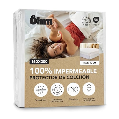 Ôhm Protector Colchón 160x200 cm | Funda De Colchón Impermeable e Imperceptible | Algodón Absorbente Hipoalergénico, con Tratamiento Antiácaros | para Colchones De hasta 40 cm | Oeko-Tex