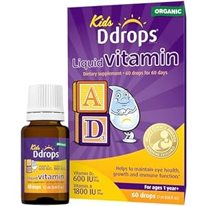Ddrops® Kids Organic Liquid Vitamins – Daily Vitamins A&D Drops for Kids, 60 Drops. Supports Eye Health, Bone Development and Immune Function. Certified Organic, Non-GMOs, Allergy-Friendly