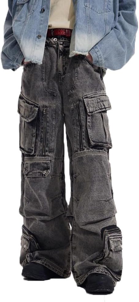 2025 Mens Jeans Wide Leg Baggy Loose Fit Y2K Grunge Denim Cargo Pants with Pockets