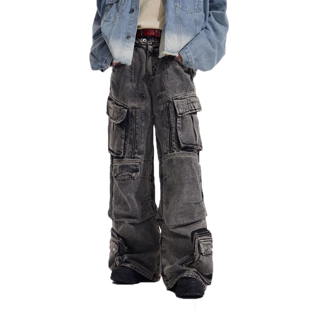 DYYLZYJ 2025 Mens Jeans Wide Leg Baggy Loose Fit Y2K Grunge Denim Cargo Pants with Pockets