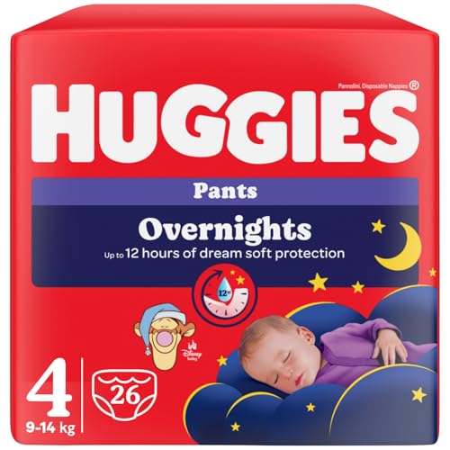 Huggies Overnight Couches Nuit Bébé Taille 4 (9-14 Kg) Couches Absorbantes pour la Nuit, Design Disney, Lot de 26 culottes